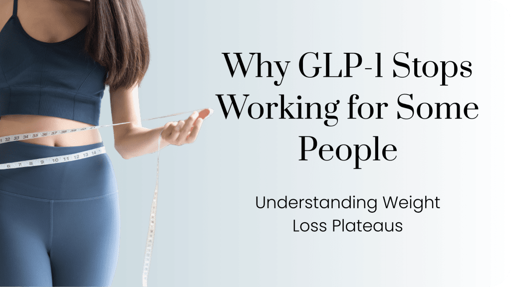 Woman with measuring tape in a banner explaining GLP weight loss plateau