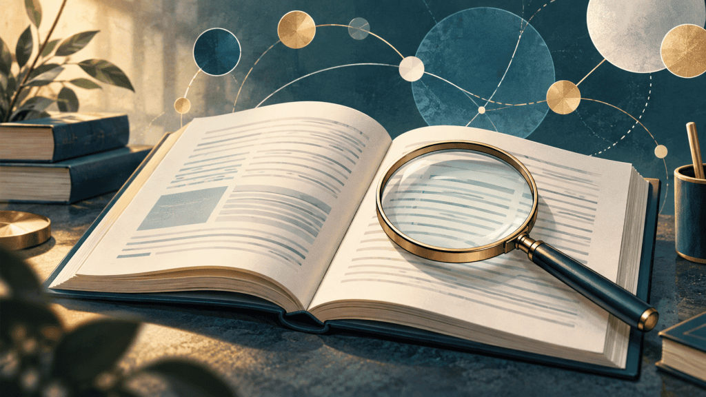 Illustration of a magnifying glass over an open research journal.